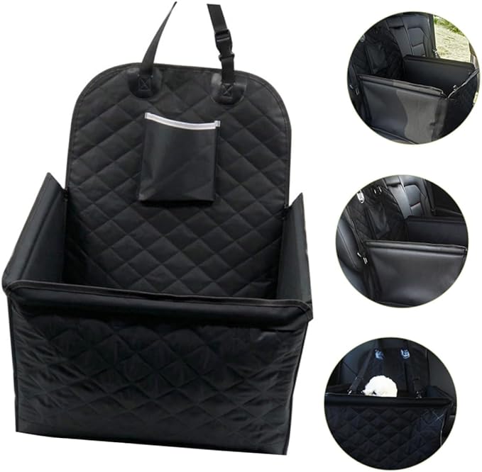 POPETPOP Dog Car Seat Bed with Cushion Storage Pocket Safety Belt for Pet Travel Durable Easy to Clean Non-Slip Design for Comfortable Journeys