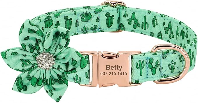 Rhinestone Personalized Dog Collar Leash Set Flower Printed Customized Pet Collar Puppy ID Collar for Small Medium Large Dogs Green Collar M
