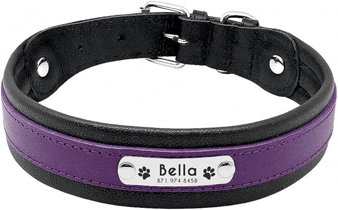 Large Dog Collar Genuine Leather Dog Collar Personalized Pet Name ID Collar Padded Customized for Medium Large Dogs Purple L