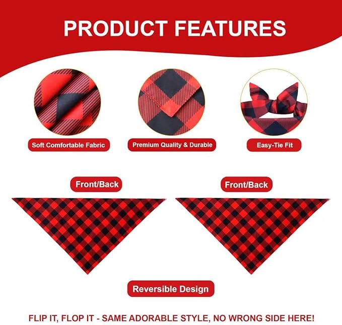 Plaid Dog Bandanas 2 Pack for Small Medium Dogs - Reversible Red Black Buffalo Check Scarf, Farmhouse Style Pet Accessory for Photos & Parties