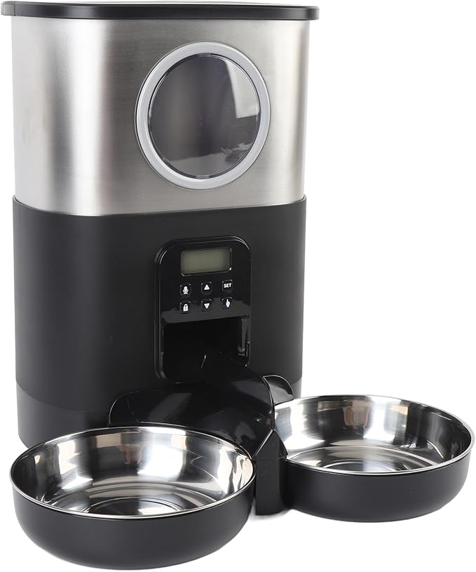 Automatic Pet Feeder, 5L Large Capacity Automatic Timed Cat Feeders with Visable Window Quantitative Feeding Stainless Steel 2 Bowls Dog Food Dispenser for Cats Dogs (Black)