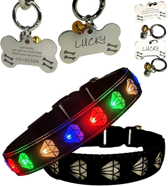 LED Dog Collar with Diamond Pattern, 15 Light Modes, with Bonus Pet ID Tag and Bell (BLACK Pro, XL(19.7-23.6"))