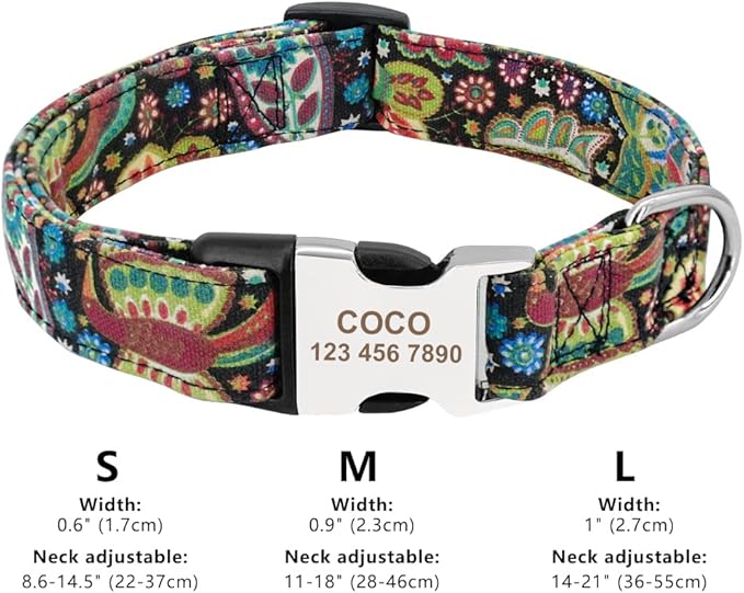 Personalized Dog Collar Nylon Print Dog Collars Customized Puppy Pet Collar Engraved Name ID for Small Medium Large Big Dogs Pug 019 Red Green S