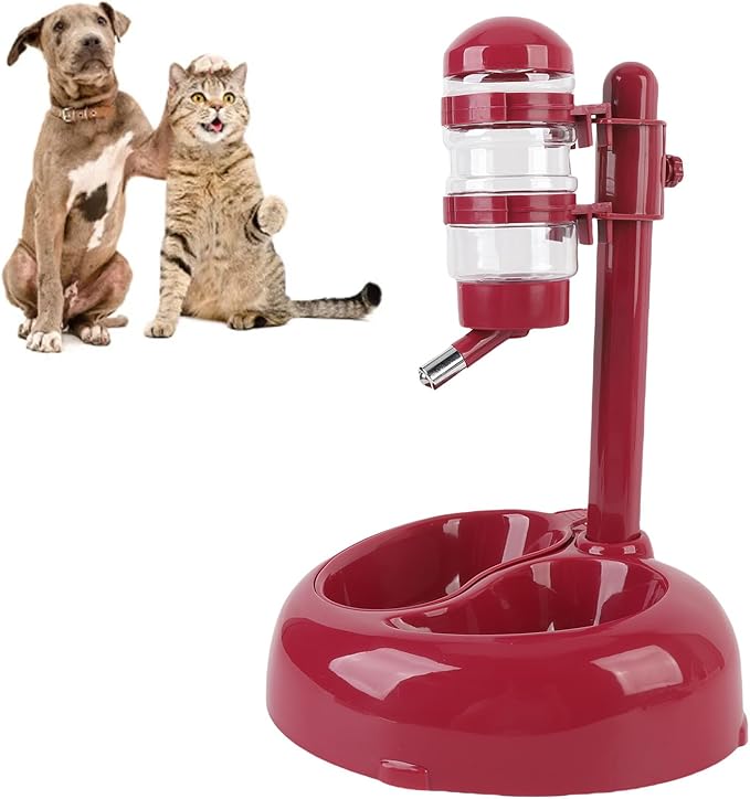 Asixxsix Pet Standing Water Dispenser, Height Adjustable Automatic Water Feeder Food Feeder Bowl, Dog Water Bottle Dispenser Food Bowl, Dog Cat Feeding Water Bowl Set (Wine Red)