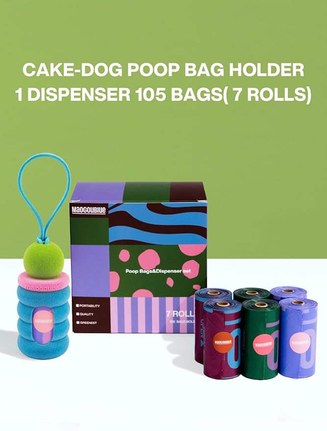 Dog Poop Bags with Dispenser, Leak Proof and Extra Thick Pet Waste Bags for Walking Dog and Cats Litter (Blue Fuzz-7 Rolls(105 Bags))