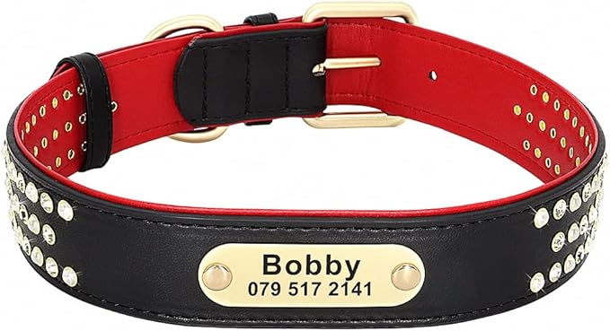 Rhinestone Custom Dog Collars Leather Personalized Crystal Pet Collar Padded Collars Adjustable for Small Medium Large Dogs Black XL