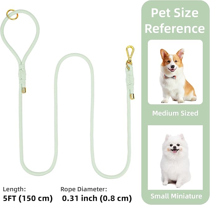 Durable Handwoven Dog Leash for Small & Medium Dogs, 5/16 inch Rope Lead with Anti-Tangle Swivel Clip, Soft & Lightweight, 5FT Long – Ideal for Daily Walking & Training (Light Green)