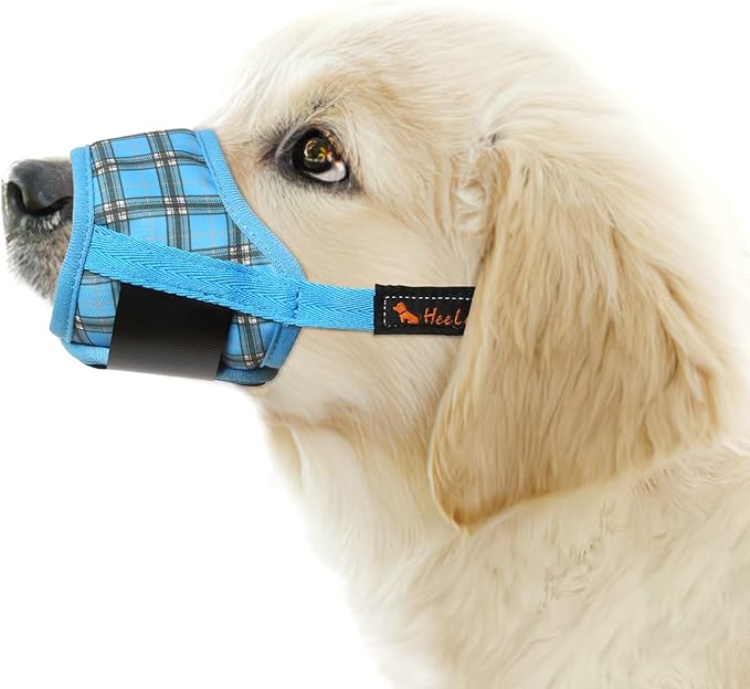 HEELE Dog Muzzle,Soft Nylon Muzzle Anti Biting Barking Chewing,Air Mesh Breathable Drinkable Adjustable Loop Pets Muzzle for Small Medium Large Dogs 4 Colors 4 Sizes (P-Blue Plaid, M)
