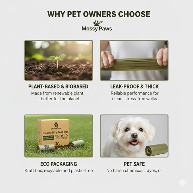 MossyPaws Biobased Dog Poop Bags – 240 Count (16 Rolls) – Plant-Based, Leak-Proof, Durable – Eco-Friendly Pet Waste Bags with Recyclable Packaging – 9x13 Inch – Fits All Dispensers