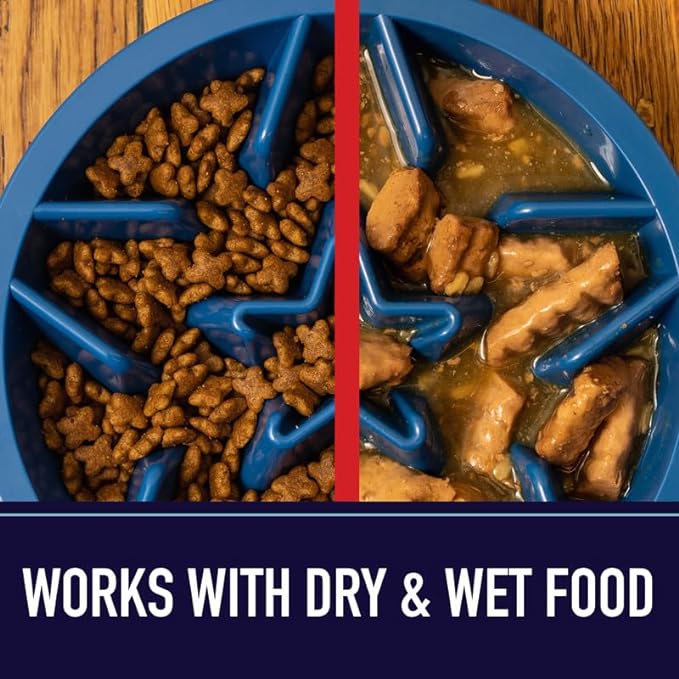 Leash Boss Slow Feeder Dog Bowls - 4 Cup, Puzzle Dog Food Bowl with Feeder Holes, Fits into Elevated Pet Feeders, Slow Eating for Large, Medium & Small Sized Breeds, Blue