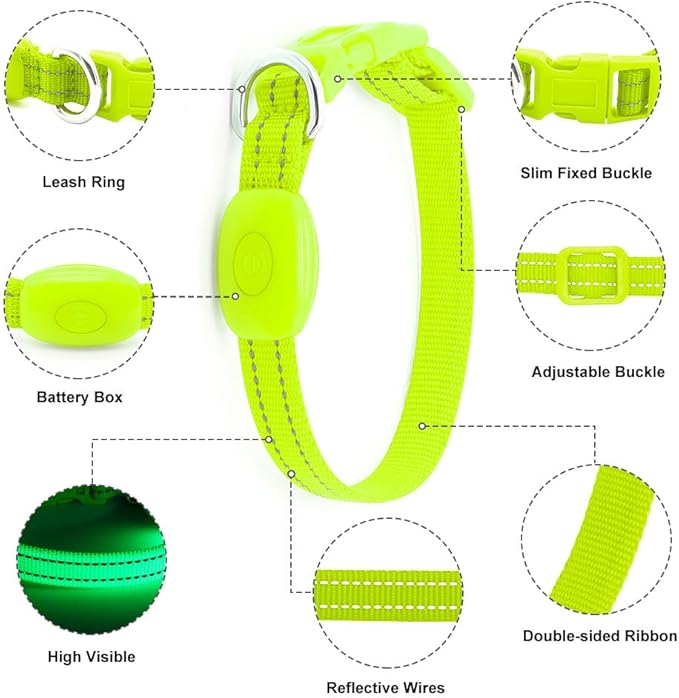 Light Up Dog Collar for Small Dogs - LED Dog Collar Rechargeable Adjustable Puppy Collars, Glow in The Dark Dog Lights for Night Walking（X-Small, Green）