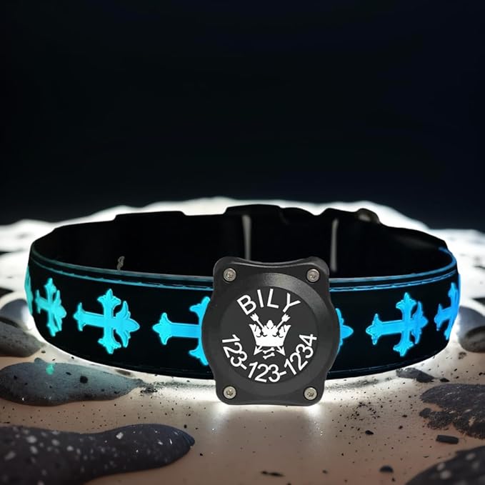 Personalized Name and Phone Nr Dog Collar with airtag Holder Waterproof Light up (Black, XL(19.7-23.6"))
