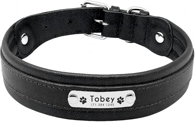 Large Dog Collar Genuine Leather Dog Collar Personalized Pet Name ID Collar Padded Customized for Medium Large Dogs Black M
