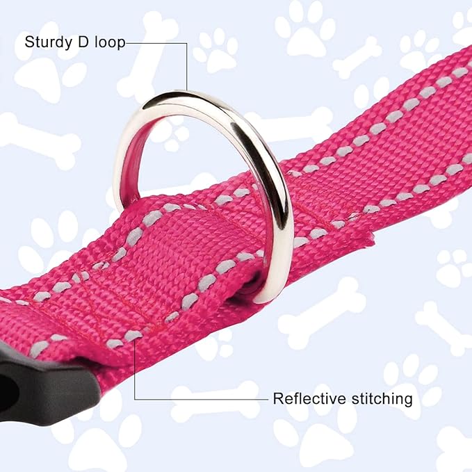 FunTags Reflective Dog Collar, Sturdy Nylon Collars for Medium Girl and Boy Dogs, Adjustable Dog Collar with Quick Release Buckle, Pink