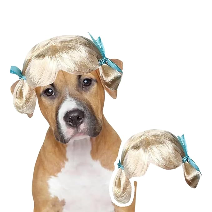 Pet Wig for Dogs and Cats, Realistic Adjustable Costume Wig with Simulated Hair for Small Medium Large Pets, Halloween Cosplay Party Photo Shoot Fun Accessory (Beige)
