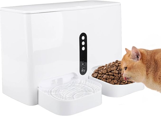 Automatic Cat Feeder, 2 in 1 Smart Food Feeder and Water Dispenser, Pet Feeder and Waterer for Timed Feeding, Real Time Monitoring for Dogs Cats Animals, Large Capacity