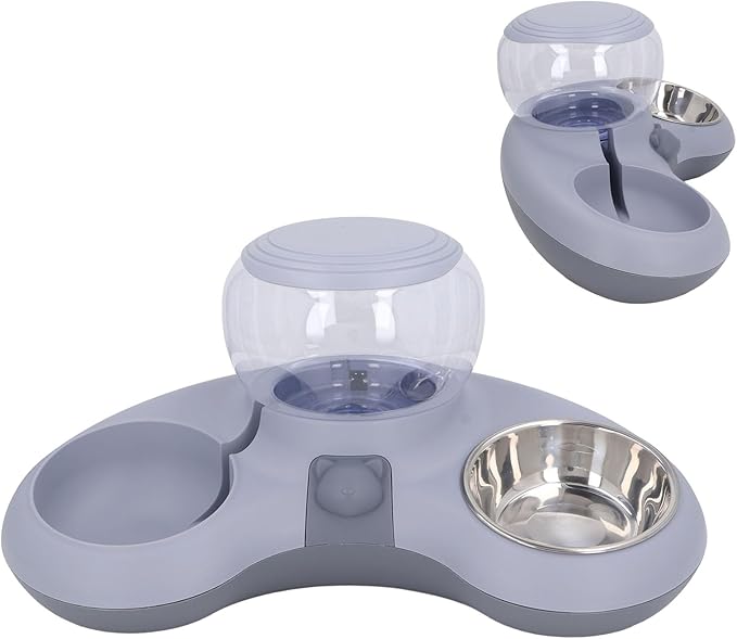 Ergonomic Tilted Cat Feeder with Automatic Water Dispenser, Stainless Steel Spill Proof, Easy to Clean, Raised Food and Water Station for Small Dogs and Cats (Gray)