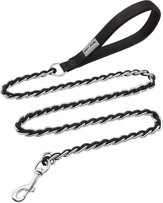 Chain Dog Leash Chew Proof Metal Leash for Medium Large Dogs, Chain Link Anti Chew 4FT Strong Anti Bite Comfortable Soft Padded Handle Black 3.0