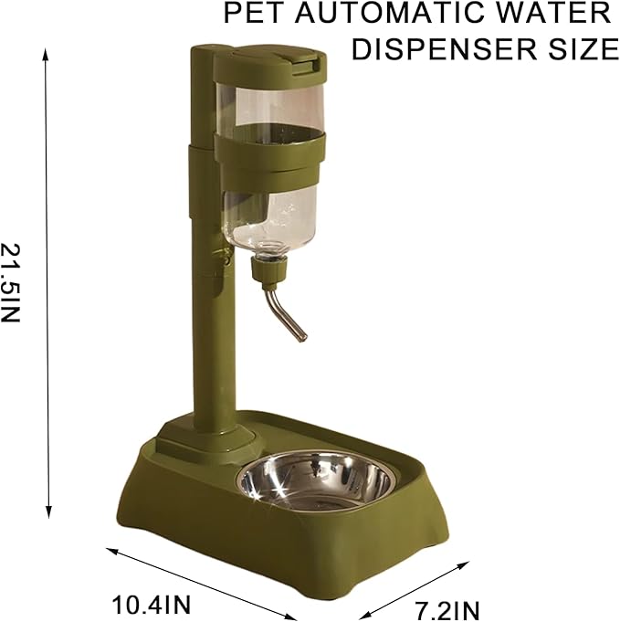 Pet Automatic Water Feeder, 770ml Adjustable Height Stainless Steel Pet Water Dispenser, Feeding Water and Feeding Dual-Purpose, Suitable for cat and Dog Families, Indoor &Outdoor (Olive Green)