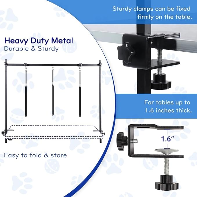 KELIXU Dog Grooming Arm with Clamps - H Shape, Pet Grooming Table Arm with 3 Loop Noose, Pet Grooming Supplies for Large/Medium/Small Pets, 32" Height Adjustable and 34" - 50" Width Adjustable, Black