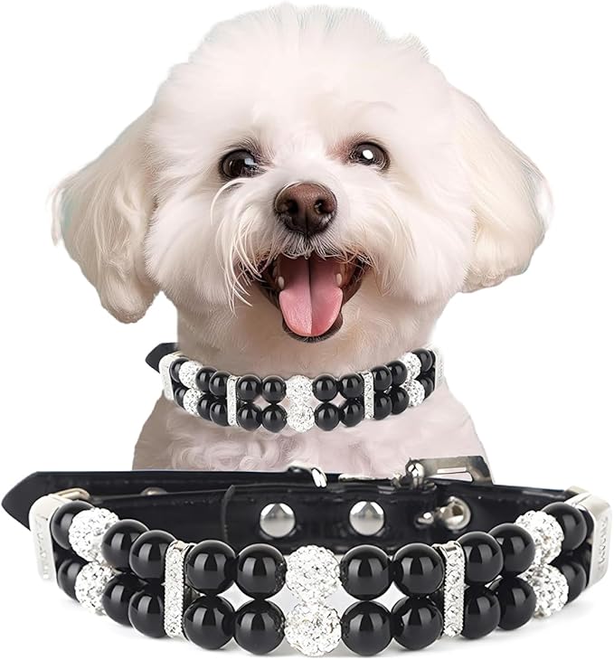 Black Pearl Dog Collars for Dogs, Beaded Cat Collar Pu Leather Puppy Necklace with Crystal Rhinestone Diamond for Girl Kitten XXSmall Small Medium Female Dogs Jewelry Wedding & Birthday Party, S