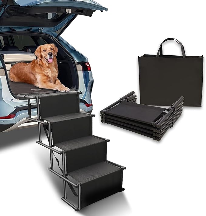 Dog Stairs for Large Dogs - Extra Wide Dog Steps for Car Big Size, SUV & Trucks - Glow in The Dark Marking - Foldable Dog ramp for Car - Non-Slip Surface - Dog ramps for Large Dogs - 4 Steps