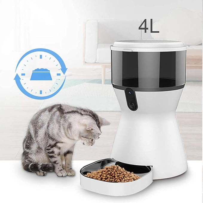 Automatic Pet Feeder, 4L Smart Pet Feeder Food Dispenser, HD Camera Video Recording, App Control for iPhone and Android, for Cat Dog (White)