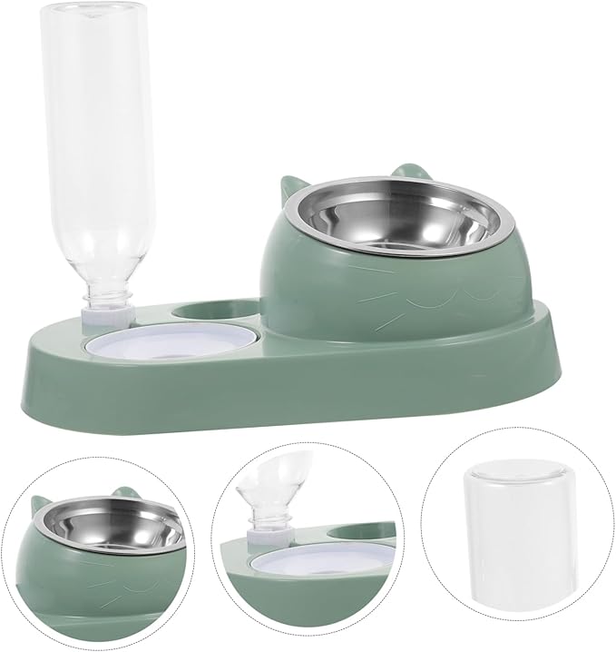 Automatic Pet Feeder and Water Dispenser Durable Dual Bowl and Cats Bite-Resistant with Stainless Steel for Home Use Dark Green Color