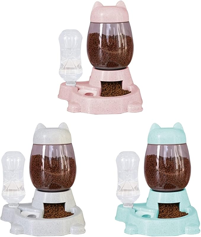 Automatic Cat Feeder Pet Dog Food Storage Bowl Water Dispenser Set Cute Automatical Dog Cat Feeder with Water Bottle, Water Dispenser Pet Water Food Dish for Cats,Puppy, Rabbit Grey Color
