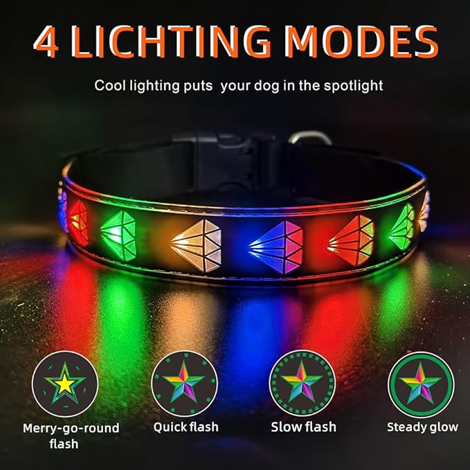 LED Dog Collar with Diamond Pattern, 15 Light Modes, with Bonus Pet ID Tag and Bell (BLACK Pro, L(15.7-19.7"))