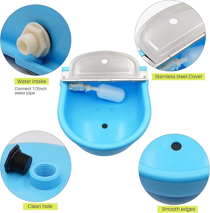 MINYULUA Automatic Waterer Bowl Large Horse Waterer with Float Valve and Drain Plug Automatic Water Feeder Dispenser Bowl for Sheep Dog Horse Cow Pig Plastic (Light Blue)