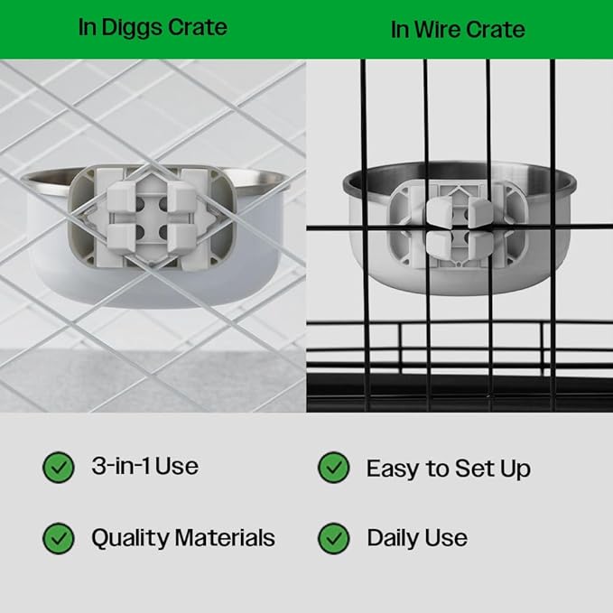 DIGGS Crate Bowl for Dogs - Clip on Pet Bowl for Water & Food - Puppy Training Necessities - Spill-Resistant, Universal Dog Crate Accessories (38oz.)