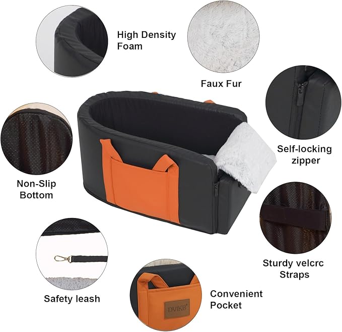 Center Console Dog Car Seat - Small Pet Car Seat for Puppies and Cats with Storage Pocket and Leash, Leather Waterproof Small Dog Seat with Portable Travel Shoulder Strap