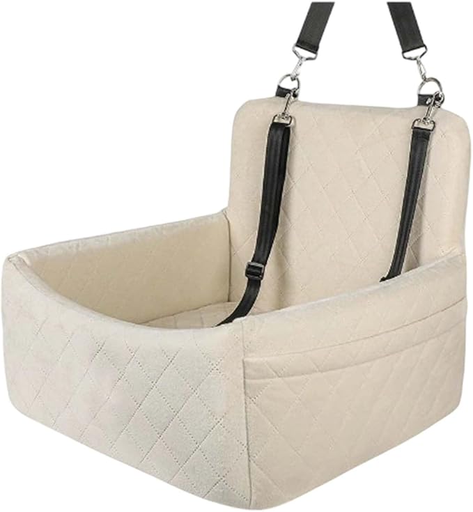Dog Car Seats for Small Dogs, Memory Foam Dog Car Seat Medium Sized Dogs, Pet Cars Seats for Under 35lbs, Detachable Washable Pet Bag with Storage Pockets & 2 Safety Belts, Easy to Install (Beige)