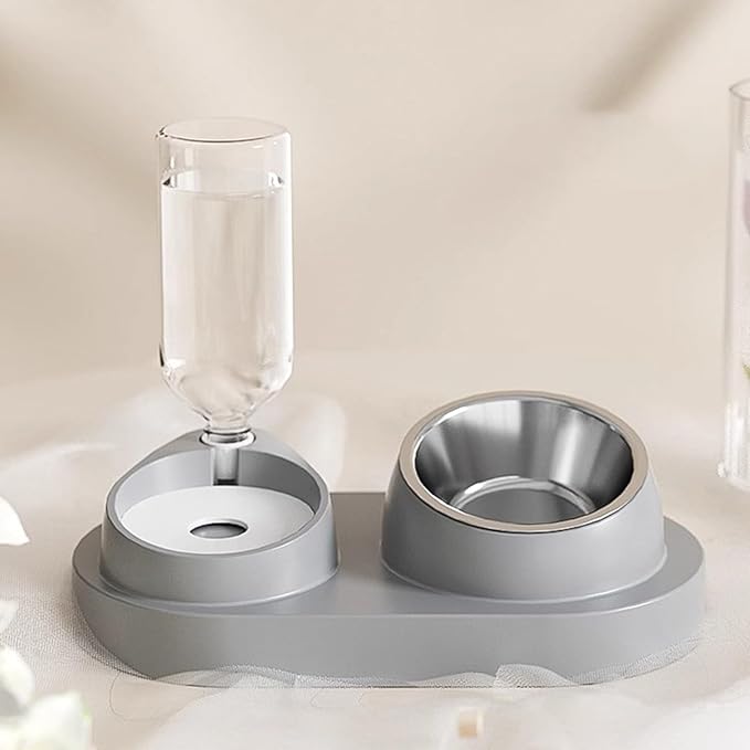 Plastic Bottle Pet Feeder Self-refilling Pet Bowl Pet Feeder 2-in-1 Automatic Water Dispenser with Removable Stainless Steel Bowls Pet Supplies Grey