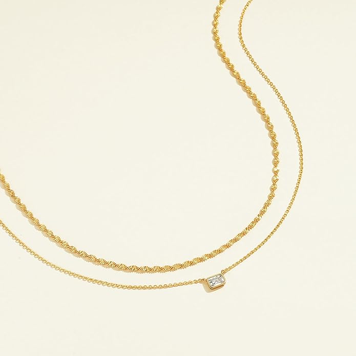 TONTMY STUDIOS Layered Gold Necklace for Women 14K Gold Plated Small Dainty CZ Pendant Layering Gold Necklaces Set Simple Chain Choker Necklace Trendy Jewelry for Women Gifts