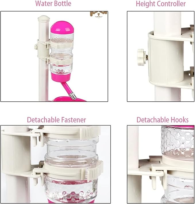 Pet Small Dog Cat Automatic Water Food Feeder Bowl Bottle Standing Dispenser with Hook Adjustable Height, Detachable, Food Water Bowl