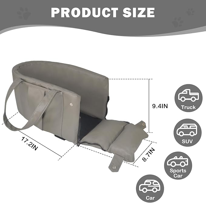 Portable Small Dog Seat for Car, Luxury Leather Center Console Dog Car Seat Booster with Safety Tethers, Anti-Collapse Pet Travel Carseat for SUV, Truck