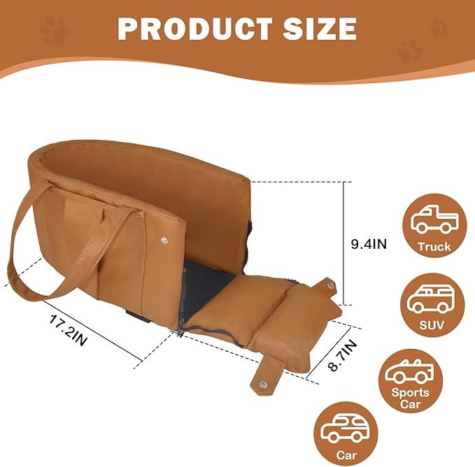 Portable Small Dog Seat for Car, Luxury Leather Center Console Dog Car Seat Booster with Safety Tethers, Anti-Collapse Pet Travel Carseat for SUV, Truck