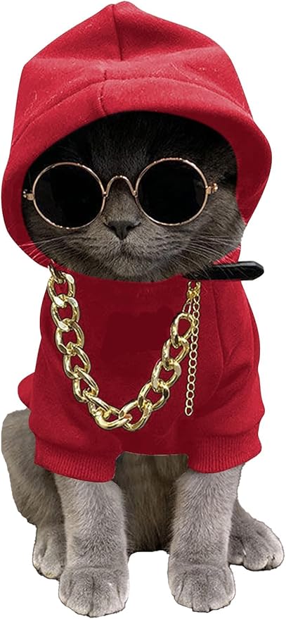 QWINEE 3Pcs Dog Hoodie Cat Apparel Dog Custume Set with Necklace and Sunglasses Pet Clothes for Puppy Small Medium Dogs Cats Red XXL
