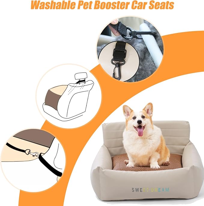 Car Seat Dog Bed with Safety Straps, Dog Car Seat for Small Dogs, Four Seasons Universal Double-Sided Rattan Mat Plush Pad, Washable Pet Booster Turn Seats (Coffee, 24.4 * 20.1 * 12.2in)