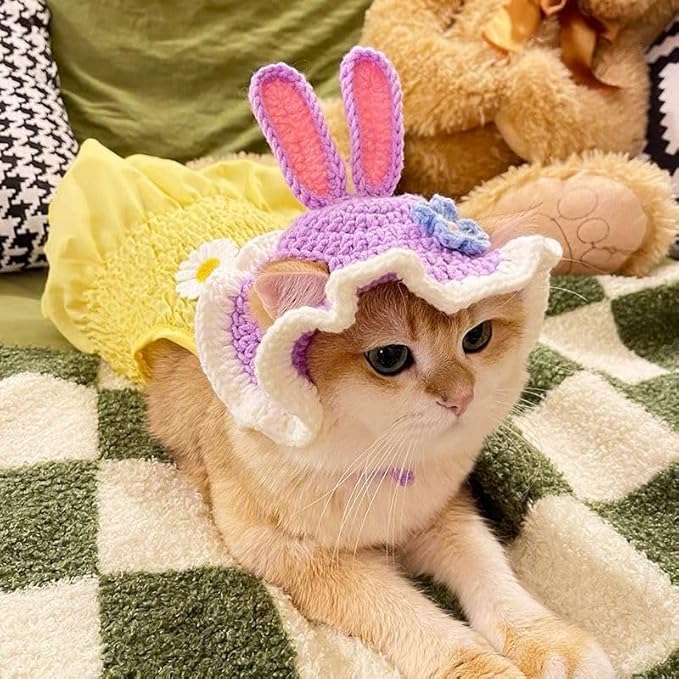 QWINEE 3D Ear Design Knit Cute Dog Hat Soft Cat Hat Rabbit Hat Halloween Christmas Party Costume Head Wear Accessories for Puppy Cat Kitten Small Dogs Small Animals Purple S