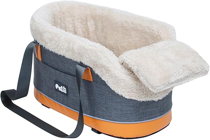 Linen & Velvet Console Dog Car Seat - Adjustable Elastic Straps & Anti-Motion Sickness (5kg Small Dogs, Front/Rear Seat Bed & Poop Bag Pockets)