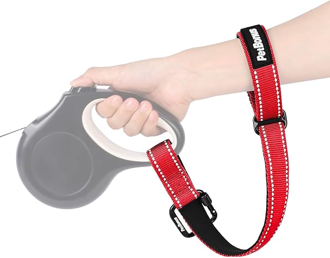 PetBonus Dog Leash Wrist Strap, Safety Strap for Retractable Leash, Lockable Reflective Short Dog Walking Lead with Adjustable Soft Padded Handle, Extra Layer Security for Pet Stroller (Red)