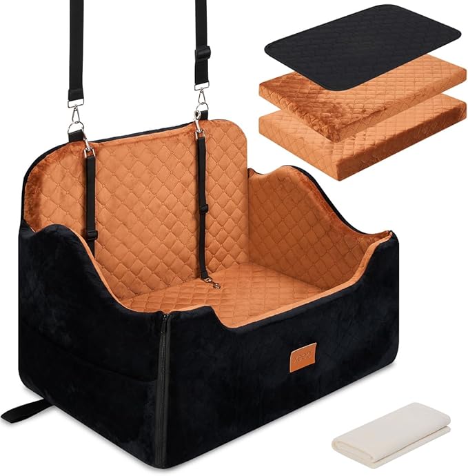 XEEP Dog Car Seat for Medium/Large Dogs Up to 60lbs, Dog Booster Seat with Memory Foam Cushion, Washable Pet Car Seat with Safety Belt & Pee Pad & Blanket, Fits in Back Seat, Brown