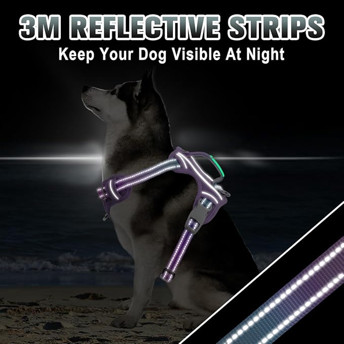 BARKBAY No Pull Dog Harness Large Reflective Dog Harness with Front Clip and Easy Control Handle for Walking Training Running with ID tag Pocket(Lavender Sky,XL)