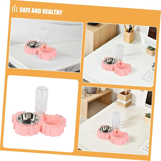 Double Dog Bowls Automatic Waterer Bottle for Pets Non-Slip Design for Cats and Dogs Easy Hydration and Feeding Station in Pink
