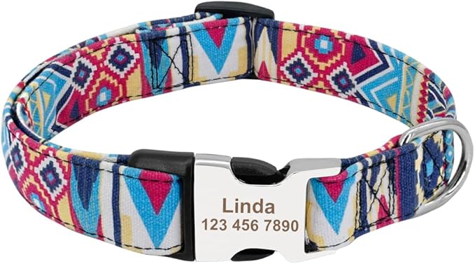 Personalized Dog Collar Nylon Print Dog Collars Customized Puppy Pet Collar Engraved Name ID for Small Medium Large Big Dogs Pug 019 Light Blue S