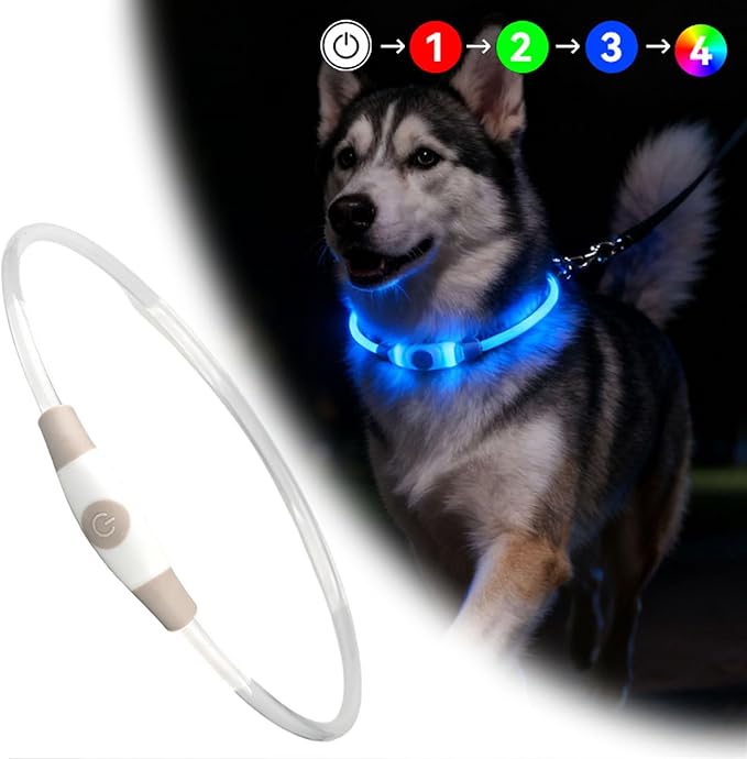 LED Light Up Dog Collar Rechargeable, Waterproof Lighted Dog Collars for Night, 4 RGB Lighting Modes, Cutable Soft Collar for Small Medium Large Dogs (White)