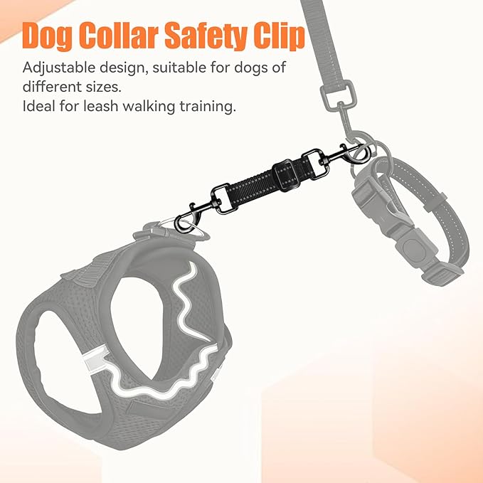 Dog Collar Safety Clip, Adjustable Backup Safety Strap, Double-Ended Leash Connector, High Reflectivity, Suitable for Dog Harnesses to Collar Safety Clips (Black)